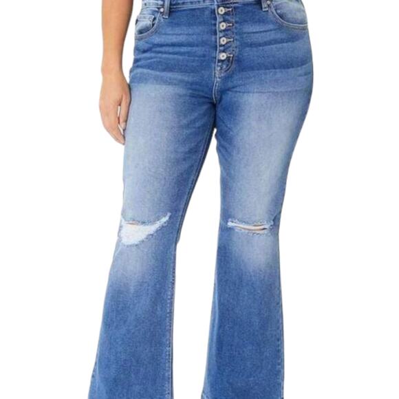 Kancan Flirting With A Stranger Plus Size Denim Distressed Flare Button Jeans - Picture 8 of 16